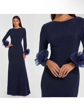 Mac Duggal Navy Long Sleeve Maxi Gown with Organza Cuff Flowers